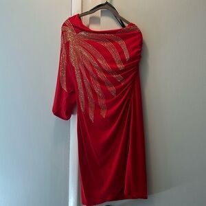 Women’s Size 6 red off shoulder dress with gold design across the front.